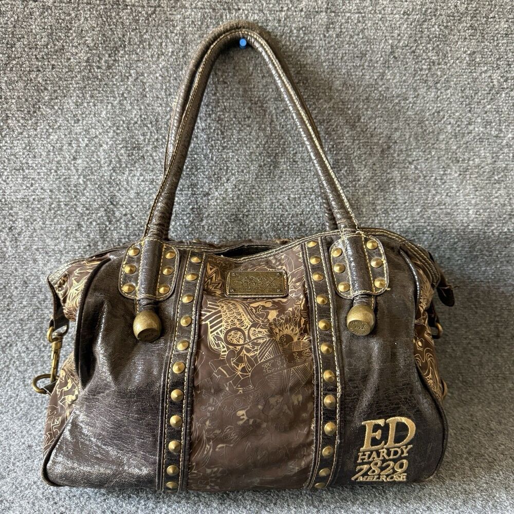Y2k Ed Hardy 7820 Melrose Brown Studded Satchel Top Handle Bag Graphic Print - Picture 1 of 13